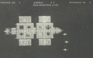 The largest ship with a full complement of weapons, firing three wide bullets from the front. Note damaged system (crater, lower right)